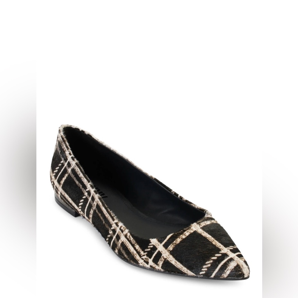 DKNY Vien Pointed Toe Ballet Flats Black Ivory Plaid Haircalf Size 8